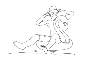 Continuous single line sketch drawing beach vacation summer travel man relaxing with swimming pool inflatable flamingo float toy vector illustration