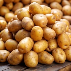 A pile of fresh potatoes is placed on a wooden table