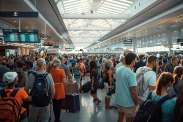 The image captures a crowded airport terminal bustling with travelers and their luggage, under a high ceiling and bright lights, signifying a busy travel environment.