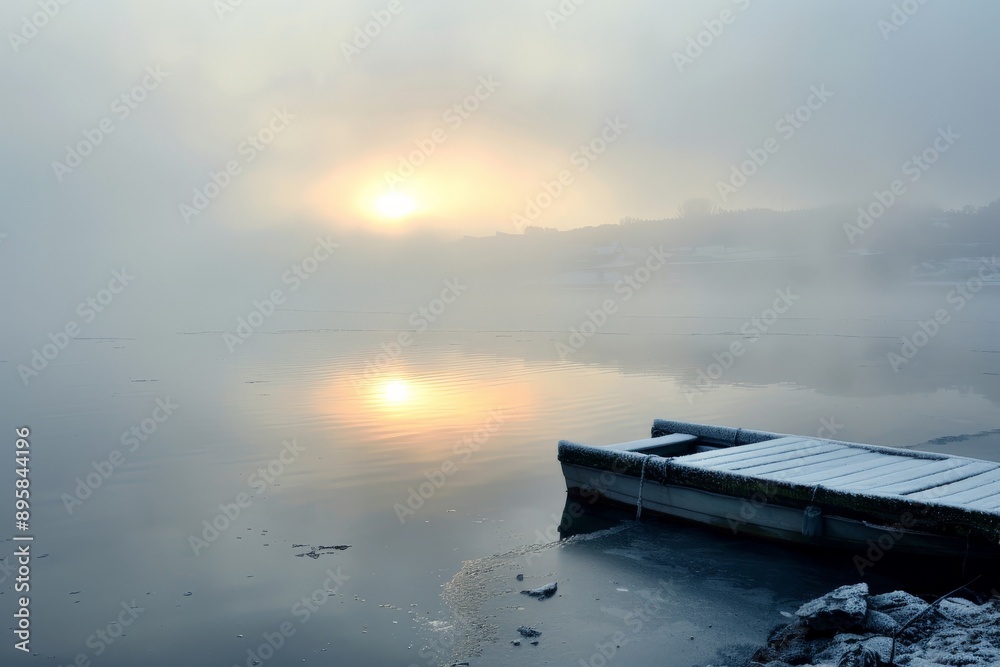 Aufkleber A peaceful scene featuring a snow-covered dock extending into a calm lake with fog enveloping the surroundings, and the sunrise casting a soft, warm glow over the landscape.