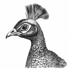 Fototapeta premium Black and white Vintage engraved art of a portrait of a peacock isolated on white background, ink sketch illustration, simple vector art design, highly detailed line art, high contrasty