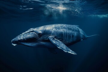 Fototapeta premium A stunning whale swimming elegantly in the deep blue waters of the ocean, illustrating the awe-inspiring beauty of marine life and the serenity of the underwater environment.