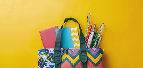 Obraz premium Colorful school bag on yellow, ideal for visually striking back to school banners.