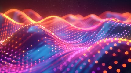 Colorful neon glowing wave background with gradient dots and lines for digital music.