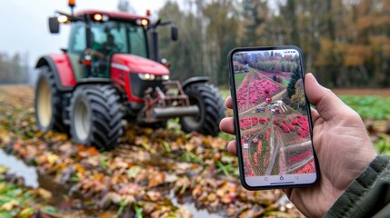Farmer using smartphone to compare aerial images with current field conditions, with a red tractor in the background.