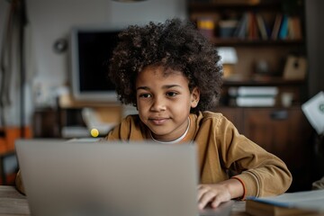 A young boy is intently engaged with his laptop in a cozy room, characterized by his curly hair and the presence of bookshelves and a computer monitor in the background.