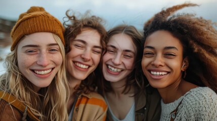 Fototapeta premium Four diverse friends smiling and laughing together, showcasing genuine happiness and camaraderie.