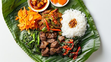 A delicious meal of beef, vegetables, red chili sauce, tamarind vegetables, and rice is arranged on a banana leaf atop a white background.