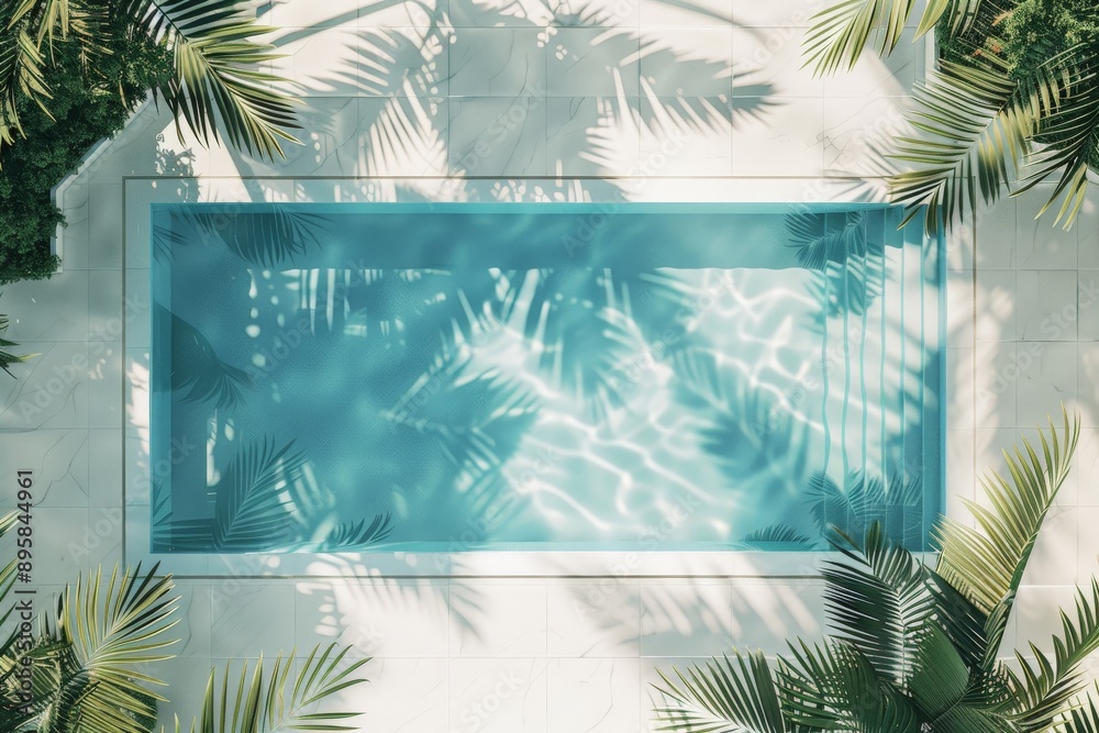 Poster a pristine outdoor swimming pool is captured from above, surrounded by lush green palm trees casting