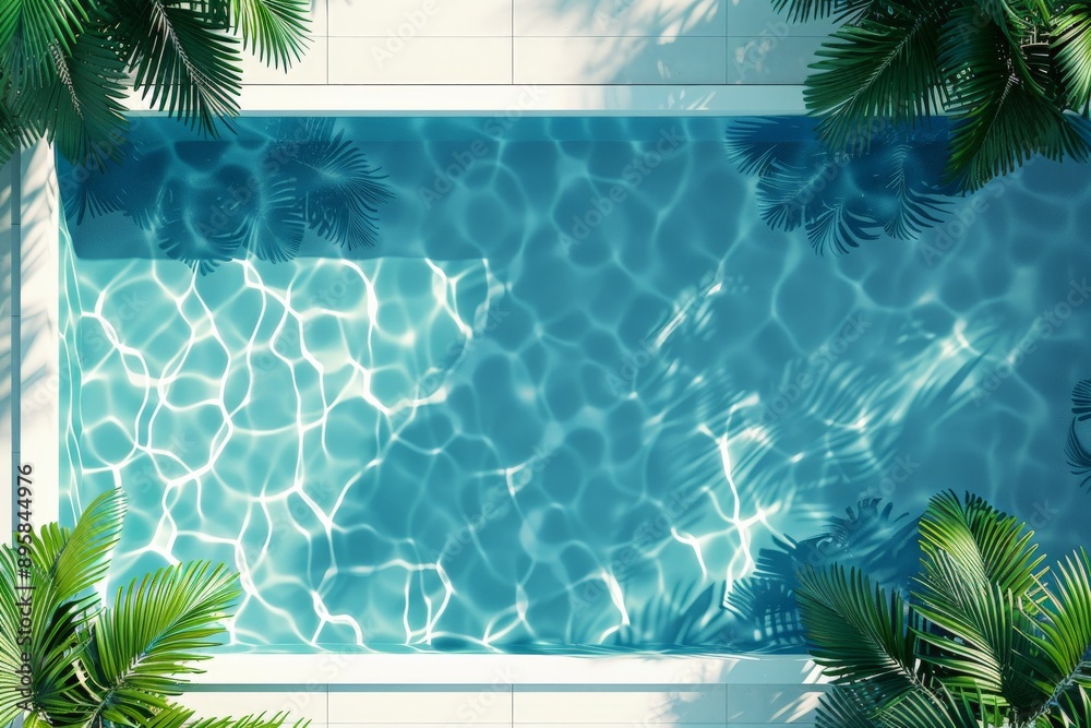 Aufkleber an inviting swimming pool with clear blue water, surrounded by the shadows of palm trees, creating a
