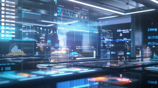 modern financial analysis lab with holographic projections of budget models and interactive touch interfaces