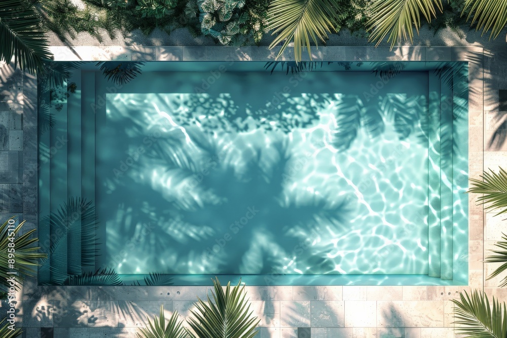 Poster A brightly lit rectangular pool featuring clear, shimmering water and surrounded by the shadows of palm trees, offering an inviting and serene environment for relaxation.