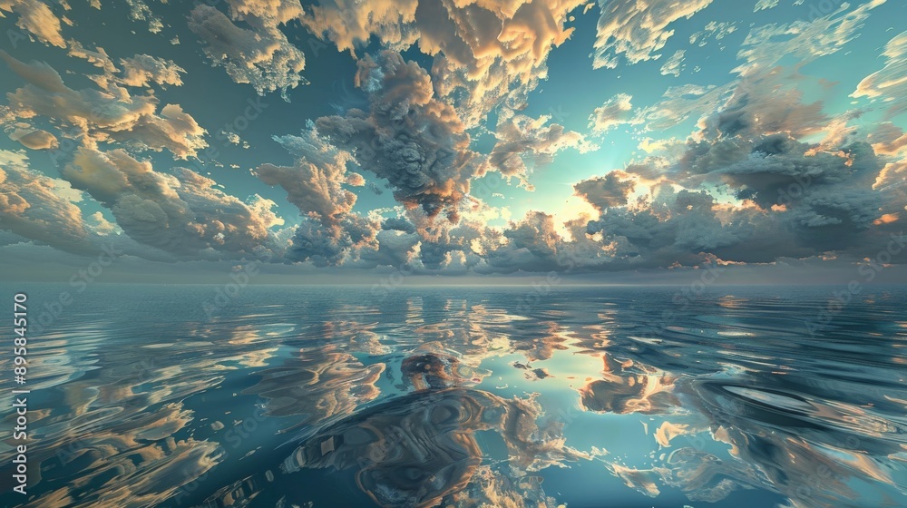 Poster An enchanting sunset view with dynamic cloud formations beautifully reflected on a calm ocean surface, blending the serenity of the ocean with dramatic skies.
