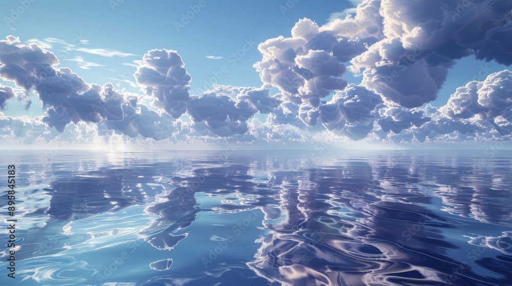 Aufkleber A peaceful and serene view of fluffy clouds reflecting on a calm ocean surface under a clear blue sky, creating a dreamlike and tranquil atmosphere.