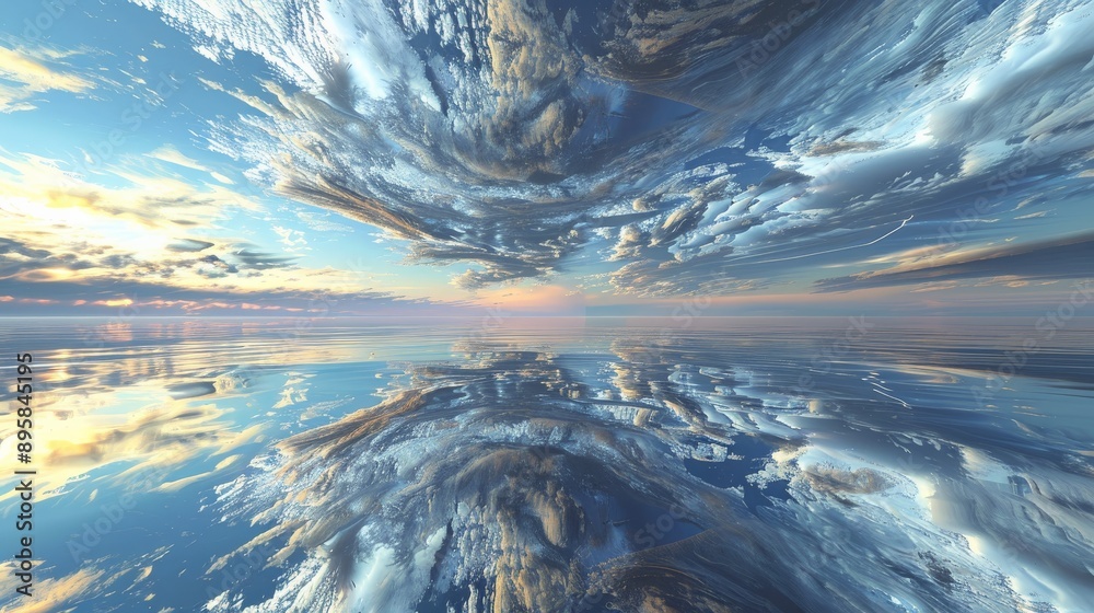 Poster a dramatic view of a serene ocean surface reflecting the chaotic and beautiful formations of clouds 