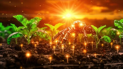 Fototapeta premium Futuristic robotic spider tending to crops at sunset, symbolizing modern agriculture technology and innovation advancements.