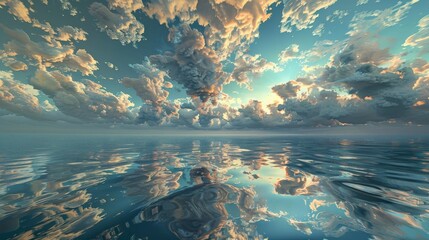 An enchanting sunset view with dynamic cloud formations beautifully reflected on a calm ocean surface, blending the serenity of the ocean with dramatic skies.