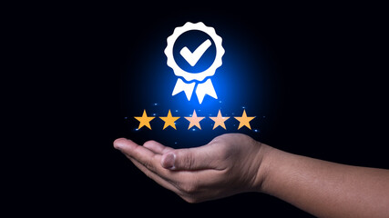 Businessman Hand shows the sign of the top service the best Quality assurance, Guarantee,...