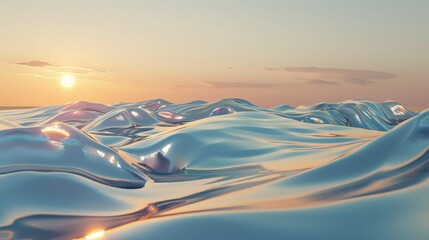An abstract, almost liquid-looking terrain under a setting sun, resembling ocean waves but crafted from reflective metallic-like material, creating a unique perspective.