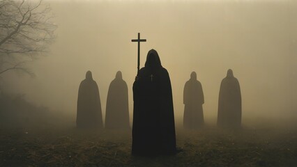 Generative AI, Sacred Night Vigil of Monks Holding a Cross in the Fog