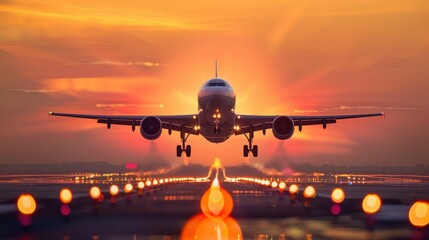A stunning sunset view of an airplane landing, showcasing vibrant colors and a picturesque airport runway.