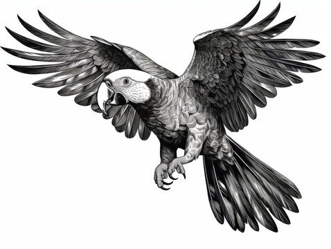 recommend clip art: Black and white Vintage engraved art of a macaw isolated on white background, ink sketch illustration, simple vector art design, highly detailed line art, high contrasty