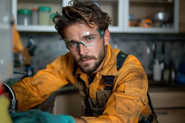 Fototapeta premium A focused worker in safety glasses and a hard hat, clad in workwear, diligently fixes equipment indoors, portraying dedication and expertise in a practical setting.