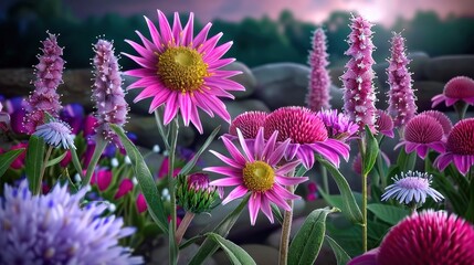 Obraz premium Vibrant wildflowers in full bloom with colorful petals against a natural, serene backdrop in a beautiful garden setting during twilight.