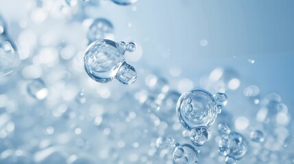 Water molecules and closeup of water on a light blue background.