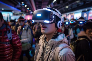 A person wearing a white jacket immerses in a virtual reality experience using high-tech VR headset, surrounded by a crowd at a bustling technology event.