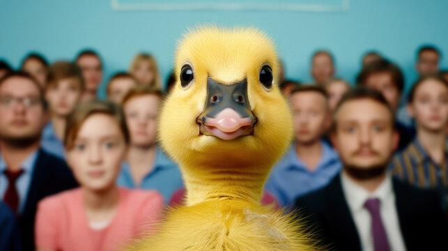 Cute duckling stands out among a crowd of people in a humorous and adorable contrast, focusing on the unique perspective.