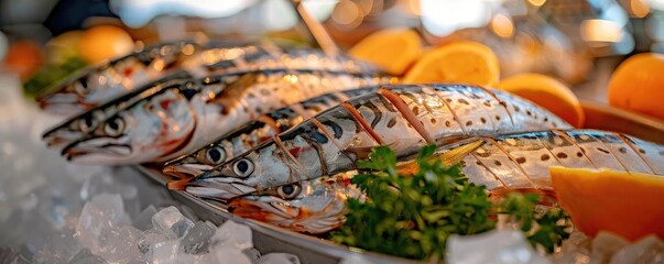 Freshly caught fish displayed on ice with slices of lemon and parsley, ready for cooking or serving at a gourmet seafood restaurant.