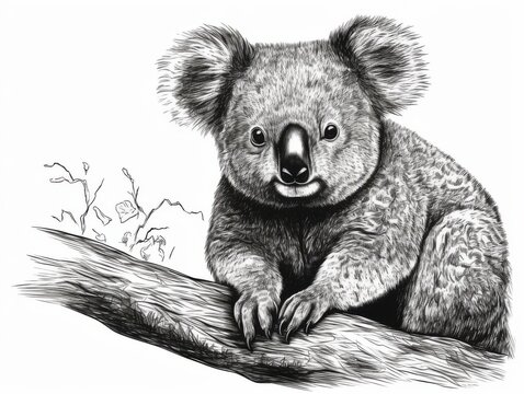 recommend clip art: Black and white Vintage engraved art of a koala isolated on white background, ink sketch illustration, simple vector art design, highly detailed line art, high contrast -