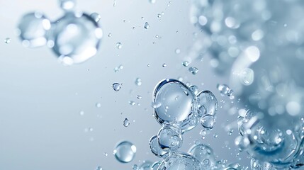 Water molecules and closeup of water on a light blue background.