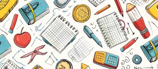 Seamless cartoon pattern with colorful school supplies, simple style on a white base.