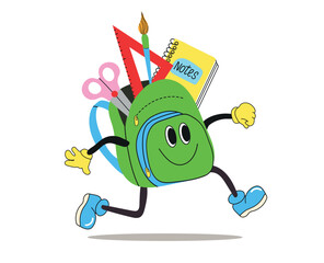 Running children's backpack with educational supplies. Colorful school bag with notebooks, scissors and ruler. Back to school. Vector illustration.