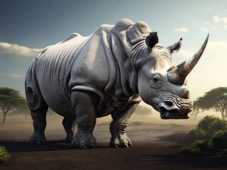 Fototapeta premium A large African rhinoceros in the African savannah at sunset