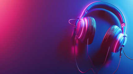 Modern over-ear headphones in pink and blue. 3D render in pastel neon lighting with space for text.