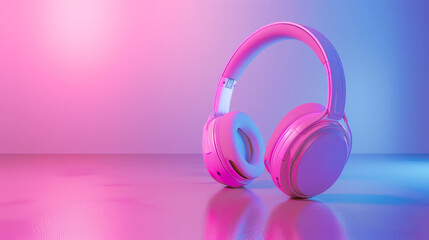 Modern over-ear headphones in pink and blue. 3D render in pastel neon lighting with space for text.