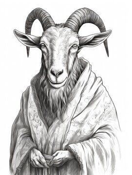 recommend clip art: Black and white Vintage engraved art of a goat in a wizard's robe, isolated on white background, ink sketch illustration, simple vector art design, highly detailed line art, high contrasty.