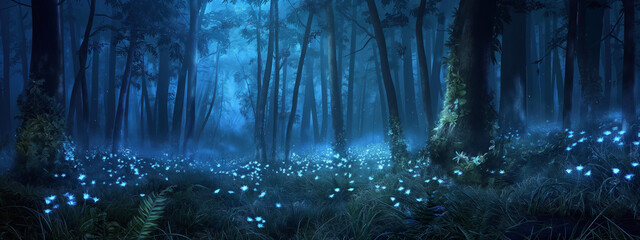 A dark enchanted forest with bioluminescent plants