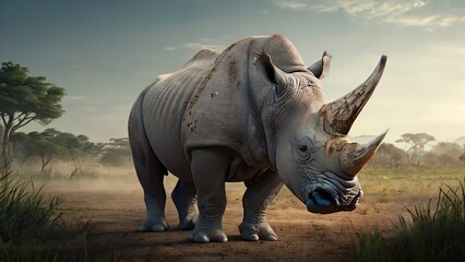 Obraz premium A large African rhino in the African savannah, grace and power