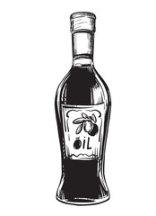 Olive oil bottle isolated on white background. Vector sketch, vintage hand engraving. Hand drawn ink drawing of a bottle. Line art for menu, design, label.