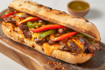 philly or philadelphia cheesesteak sandwich, tasty and hot beef steak in a hoagie or hero roll, traditional american fast food