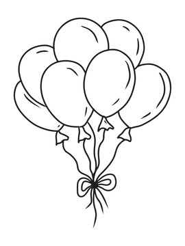 recommend clip art: Beautiful balloons with helium flying in black isolated on white background. Hand drawn vector sketch illustration in doodle engraved vintage line art style. Holiday equipment decoration.