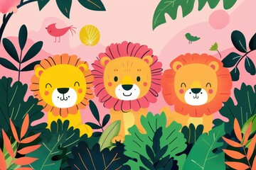 Kawaii lions, jungle themes and cheerful hues, flat design illustration
