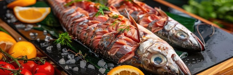 Freshly cooked whole fish garnished with herbs and lemon slices on a black platter, ready to be served for a delicious meal.