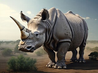 Fototapeta premium Great African Rhinoceros in the African savannah, horned giant, grace and power