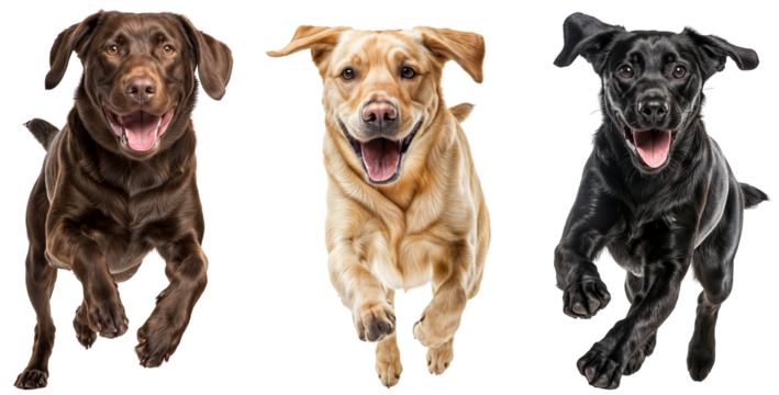 Energetic Collection of Happy Labrador Retriever Dogs Running with Joy on Transparent Background - Chocolate, Yellow, and Black Labs