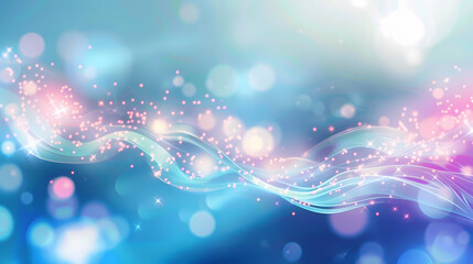 Fototapeta premium Abstract light wave with sparkling particles on a blue and pink gradient background.